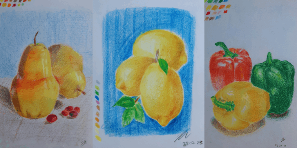 drawing still life, 3 drawings of fruits,